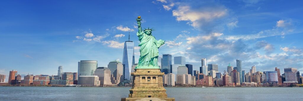 Statue of Liberty with the New York City skyline in the background