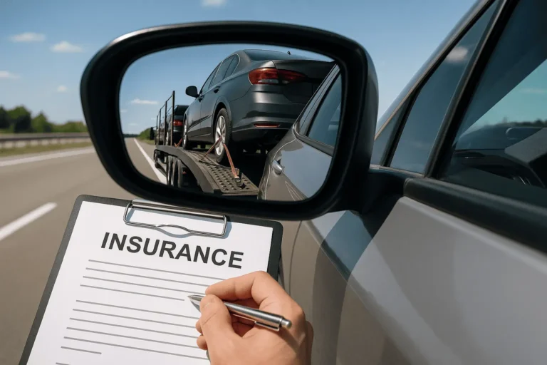 document with car shipping insurance near the mirror with the view to transporting car