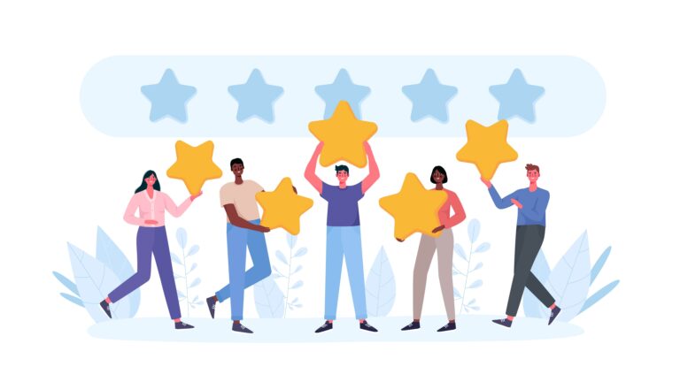 Illustration of happy people holding large gold stars, symbolizing a five-star rating and positive reviews.