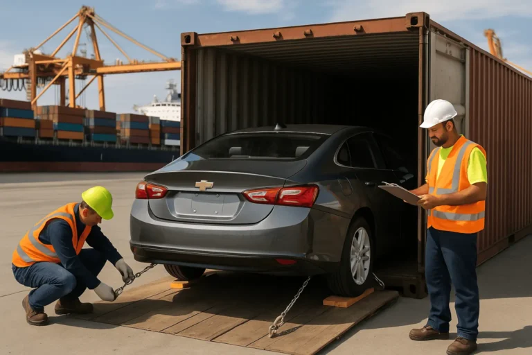 men preparing car for international car shipping in container