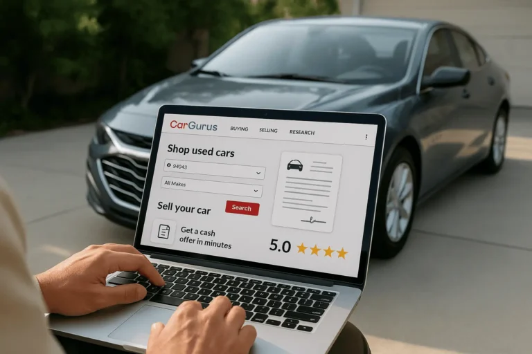 laptop with cargurus website near the car