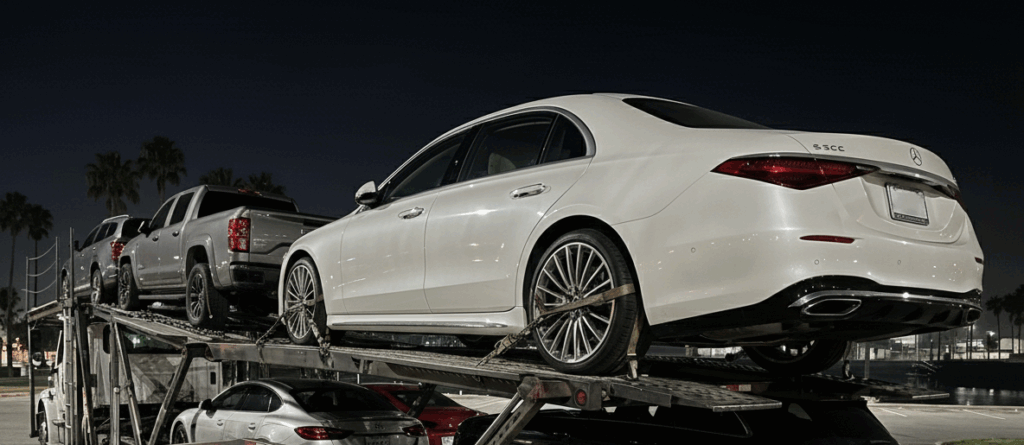 The Mercedes-Benz at the top of the trailer