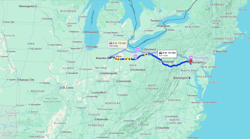 Roanoke, IN to New York, PA