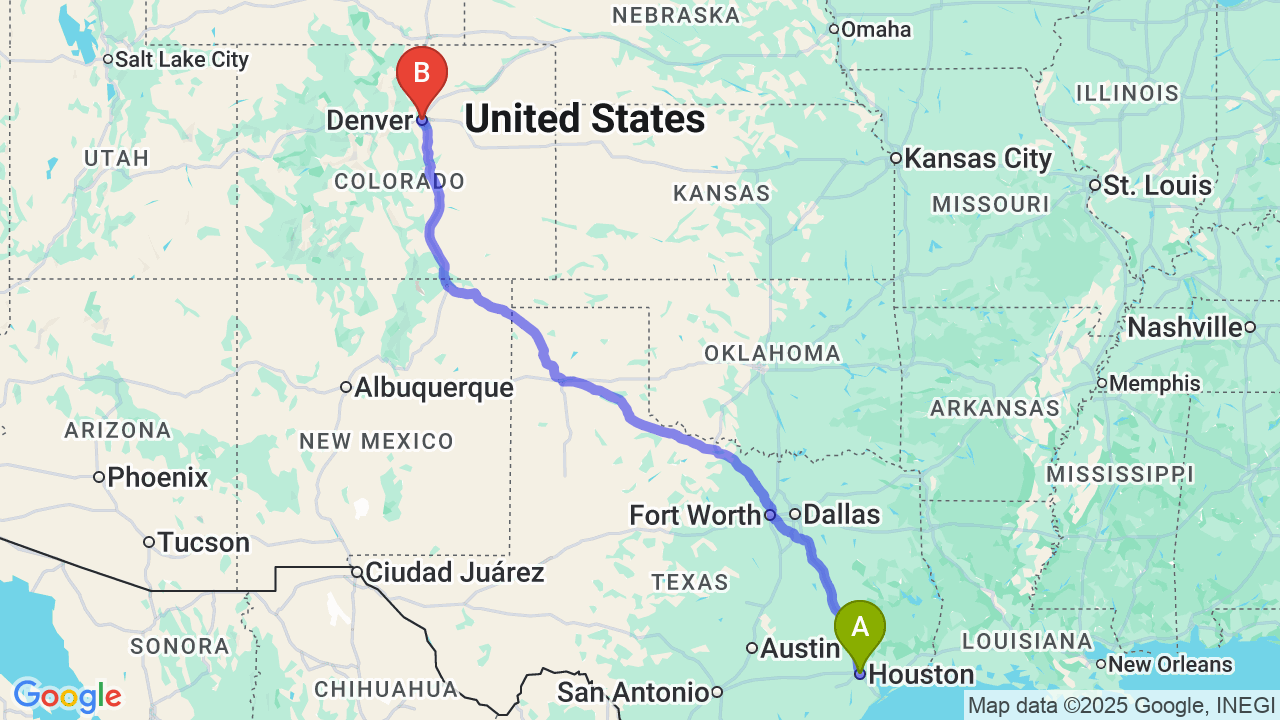 Route map: Houston to Denver Car Shipping: Reliable Relocation Guide