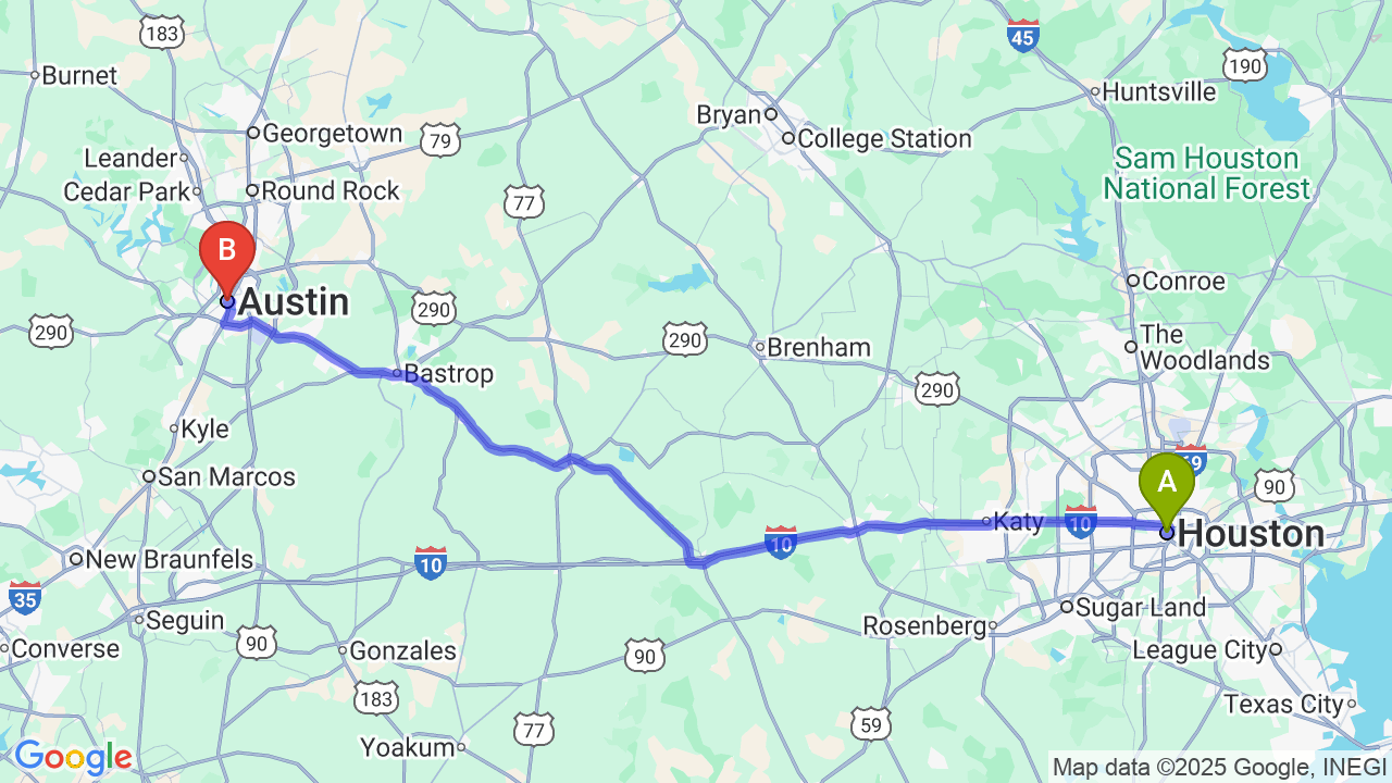 Route map: Houston to Austin Car Shipping: The Complete Relocation Guide
