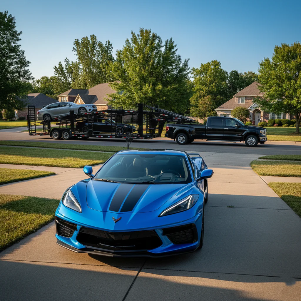 3 car open trailer and Corvette