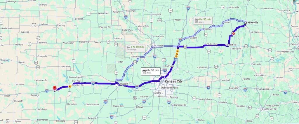 Kirksville, MO, 63501 to Abilene, KS, 67410