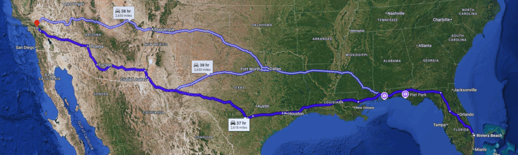 Riviera Beach, FL to Fontana, CA Routes