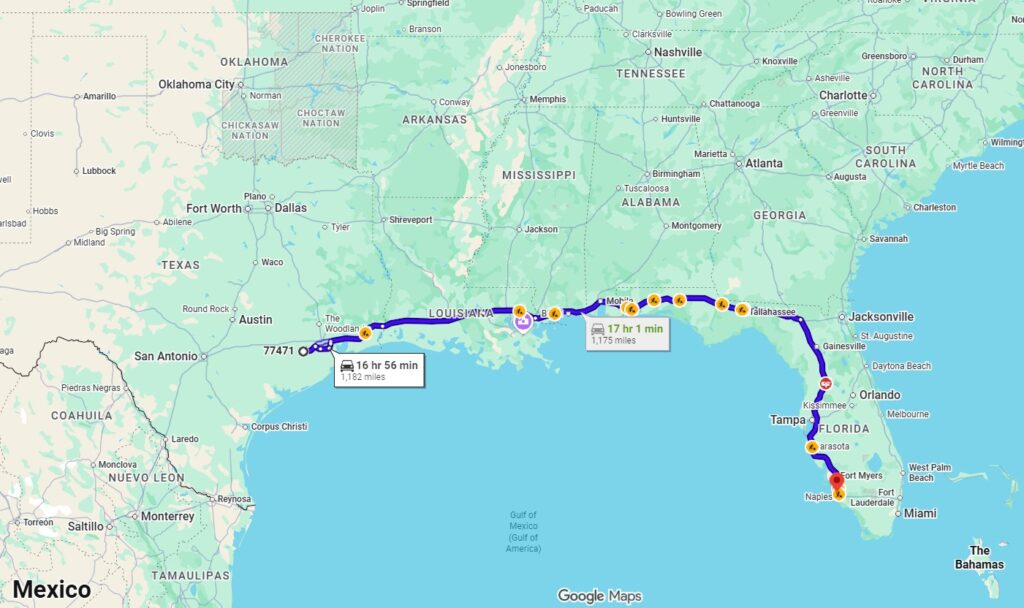 Texas to Florida route