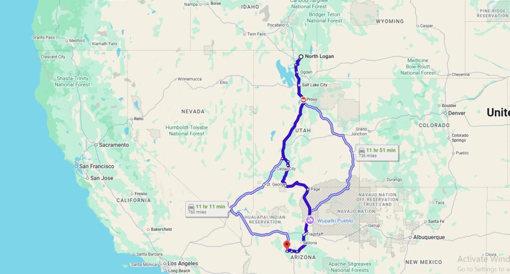 the route of the Utah to Arizona