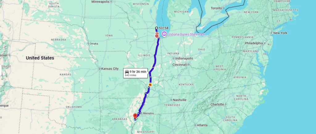 Wisconsin to Arkansas route