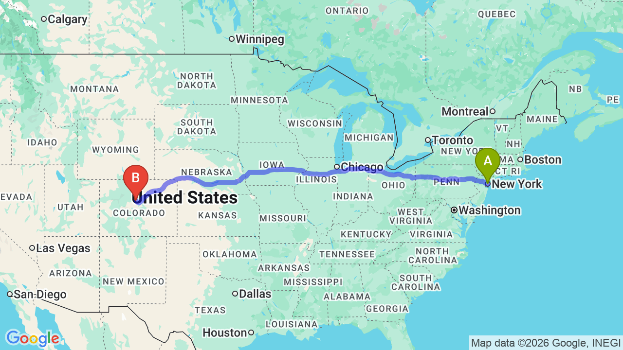 Route map: New York to Colorado Car Shipping: Stress-Free Relocation for Your Vehicle