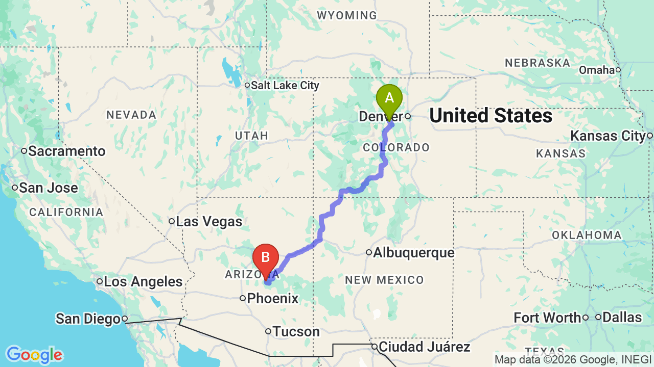Route map: Colorado to Arizona Car Shipping: The Complete Relocation Guide