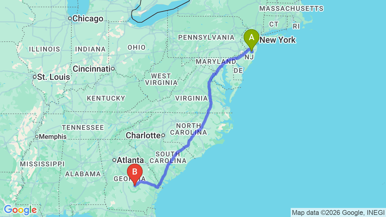 Route map: New Jersey to Georgia Car Shipping: The Complete Relocation Guide