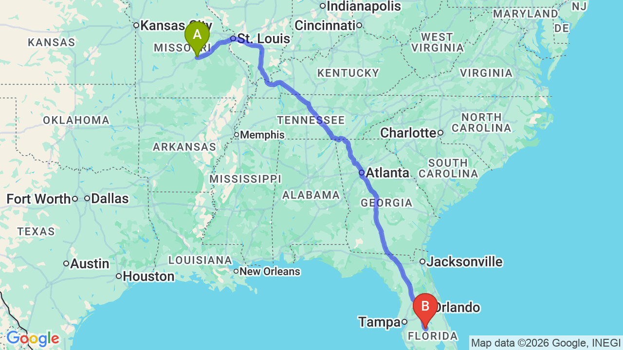 Route map: Missouri to Florida Car Shipping | Reliable Snowbird Transport