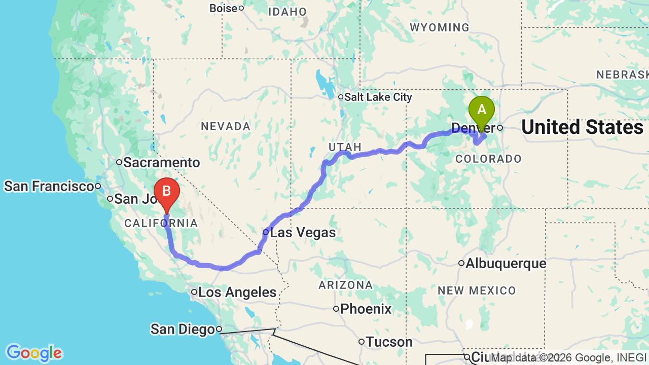 Route map: Denver to California Car Shipping | Relocator Guide & Quote