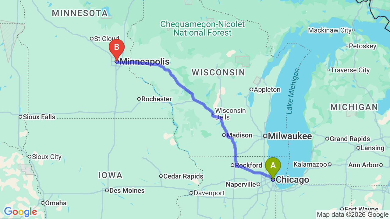 Route map: Chicago to Minneapolis Car Shipping | Relocator Auto Transport