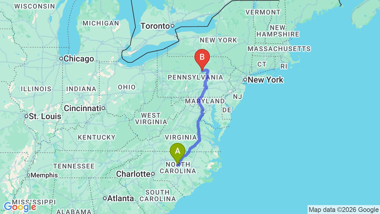 Route map: North Carolina to Pennsylvania Car Shipping: The Complete Relocation Guide