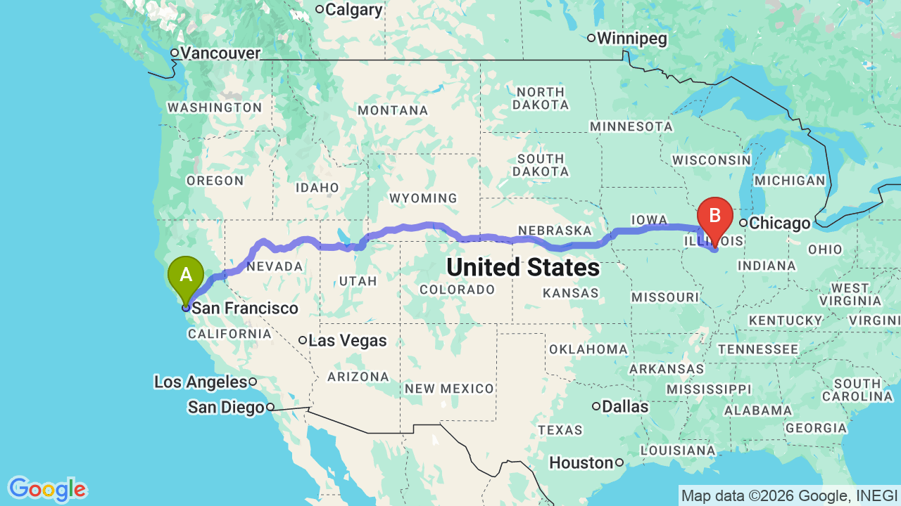 Route map: San Francisco to Illinois Car Shipping: Complete Guide