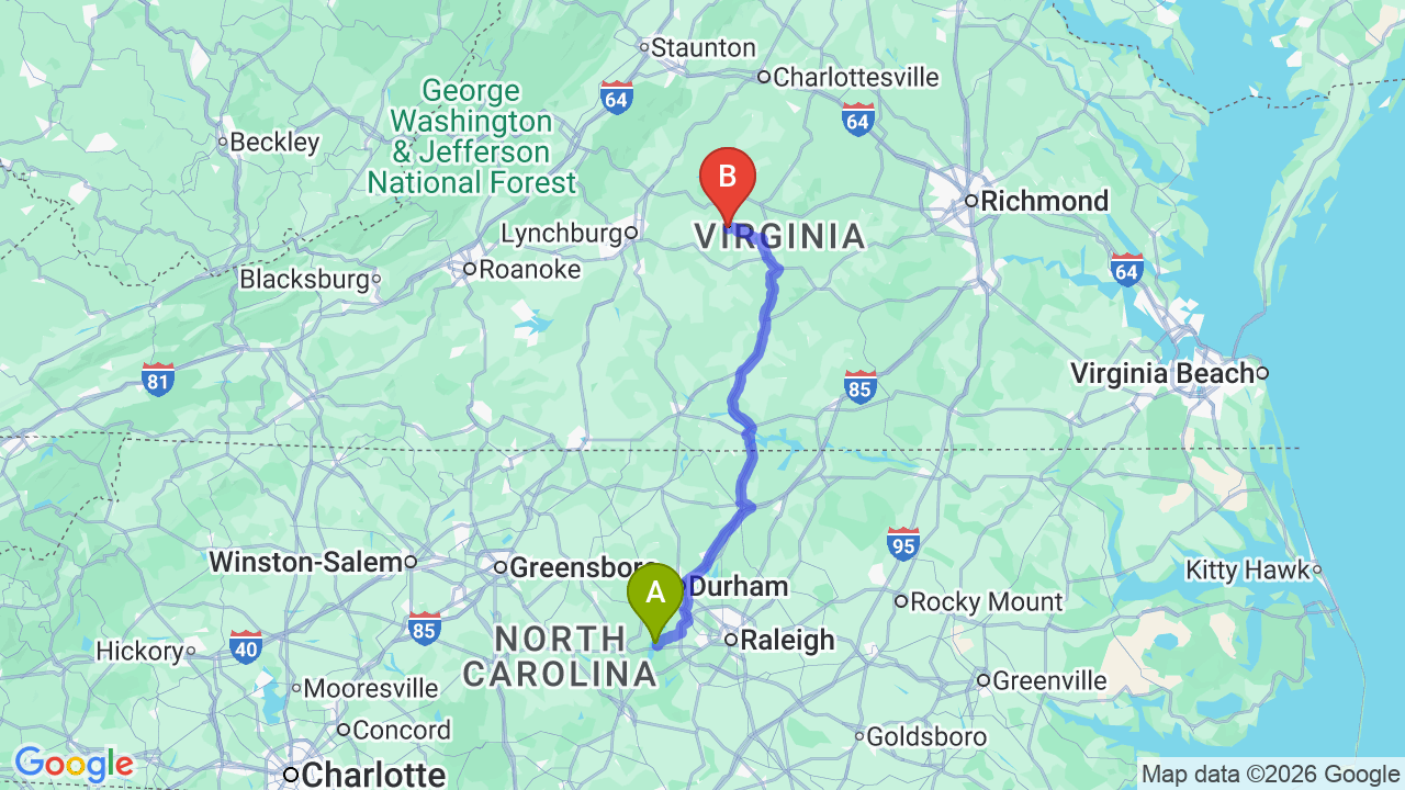 Route map: Smooth Car Shipping from North Carolina to Virginia for Your Next Big Move