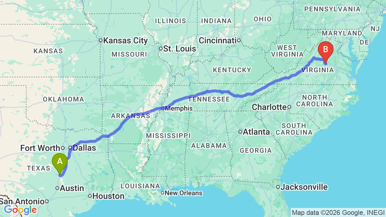 Route map: Reliable Military Car Shipping from Texas to Virginia