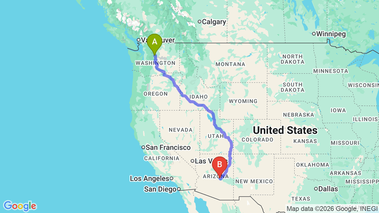 Route map: Seattle to Arizona Car Shipping: Reliable Transport for Your Relocation