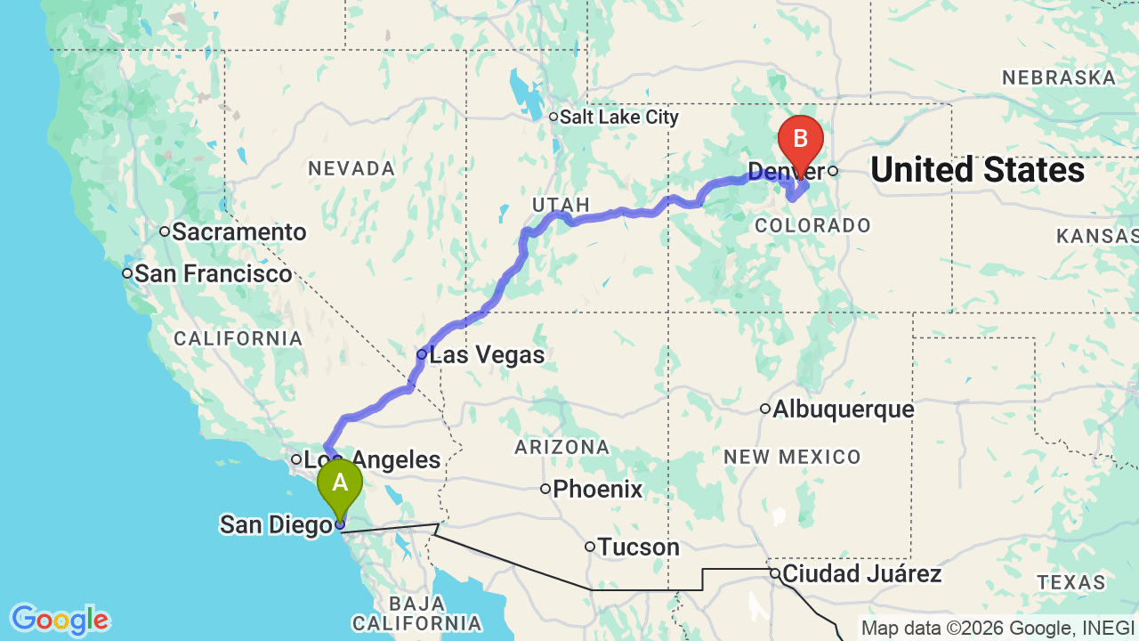 Route map: San Diego to Colorado Car Shipping: The Complete Relocator’s Guide