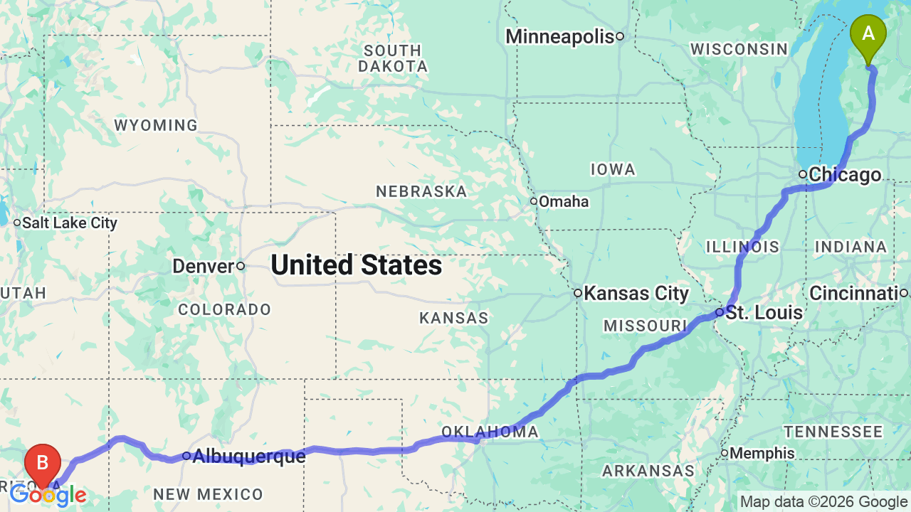 Route map: Michigan to Arizona Car Shipping: The Complete Snowbird Migration Guide