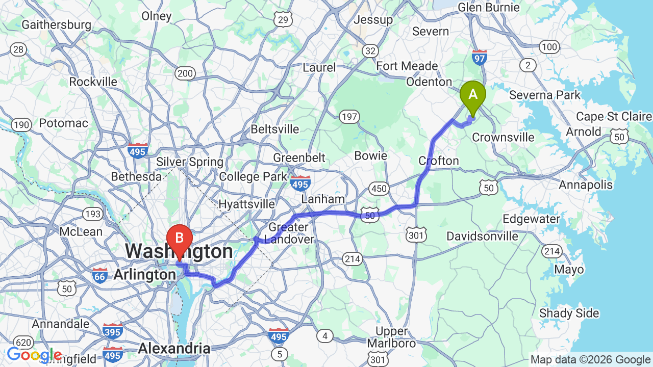 Route map: Maryland to District of Columbia Car Shipping: The Relocator’s Guide