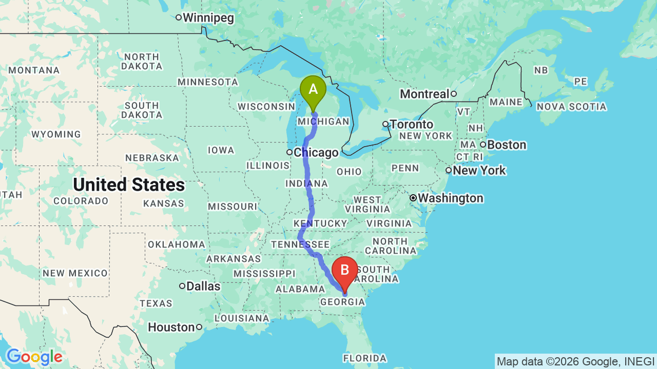 Route map: Michigan to Georgia Car Shipping: The Complete Relocation Guide