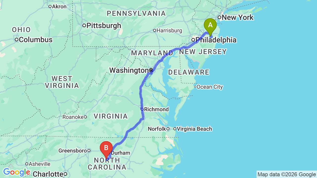 Route map: Seamless New Jersey to North Carolina Car Shipping for Your Big Move