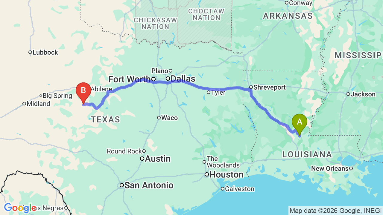 Route map: Seamless Louisiana to Texas Car Shipping