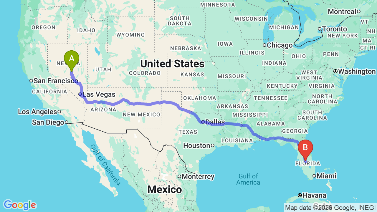 Route map: Nevada to Florida Car Shipping: The Ultimate Relocator’s Guide