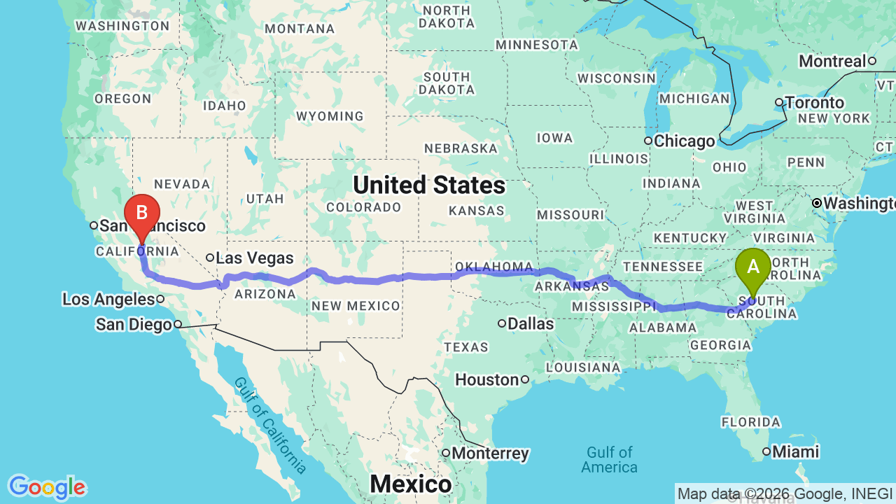 Route map: South Carolina to California Car Shipping: Your Trusted Relocation Partner