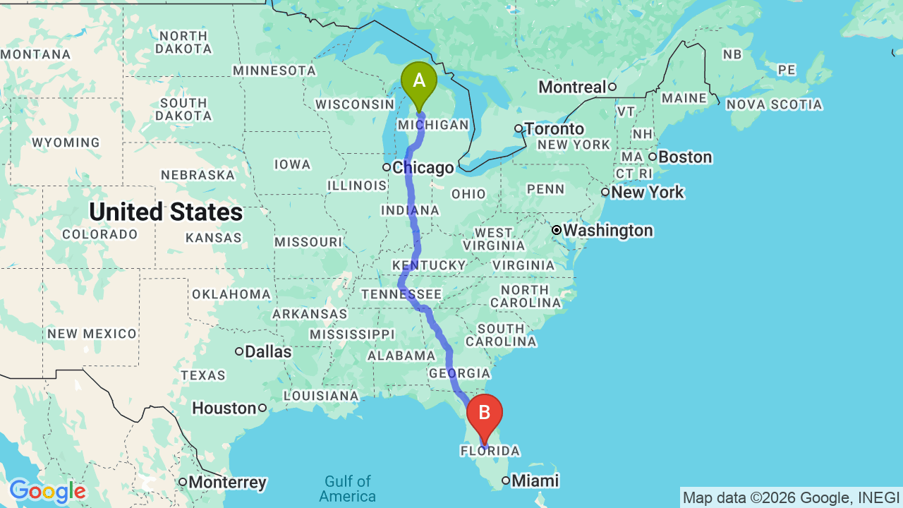 Route map: Michigan to Florida Car Shipping: The Ultimate Snowbird Guide