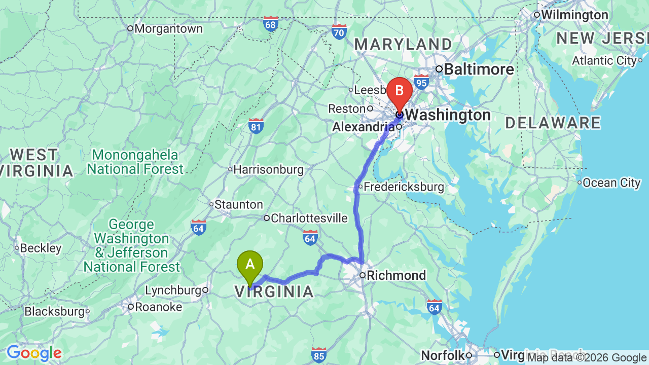 Route map: Virginia to District of Columbia Car Shipping | Safe & Fast Auto Transport