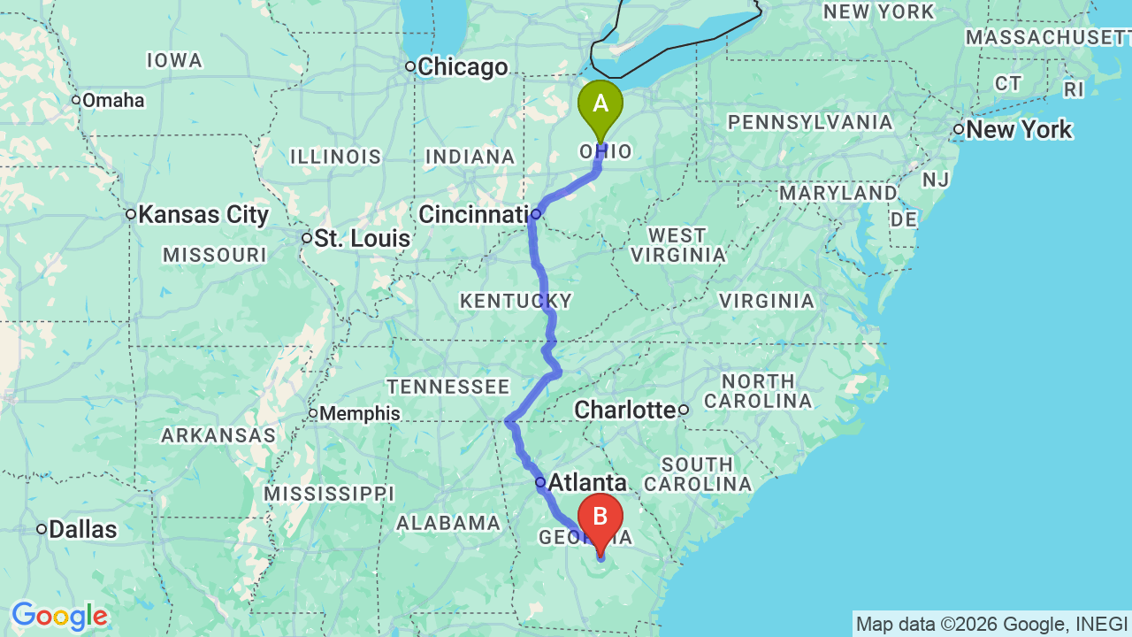 Route map: Ohio to Georgia Car Shipping: Professional Relocation Services