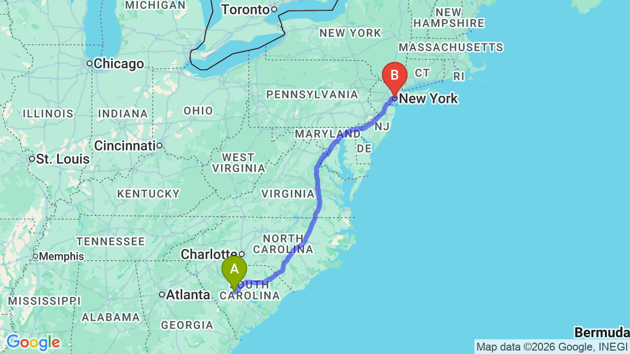 Route map: South Carolina to New York Car Shipping