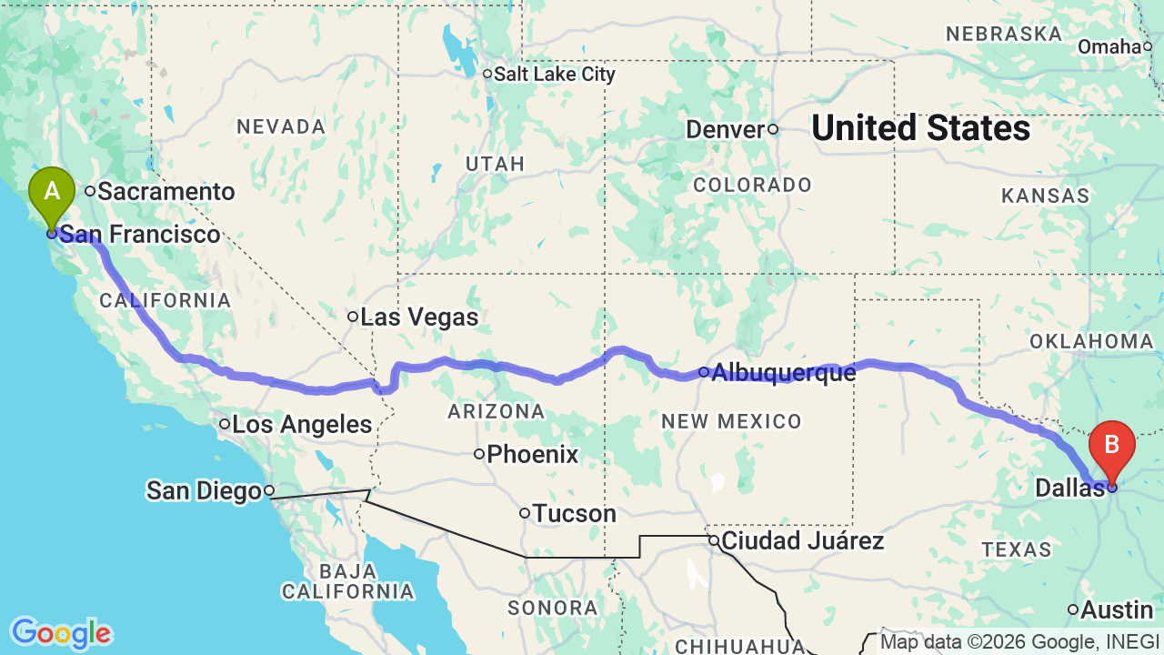 Route map: San Francisco to Dallas Car Shipping: The Complete Relocation Guide