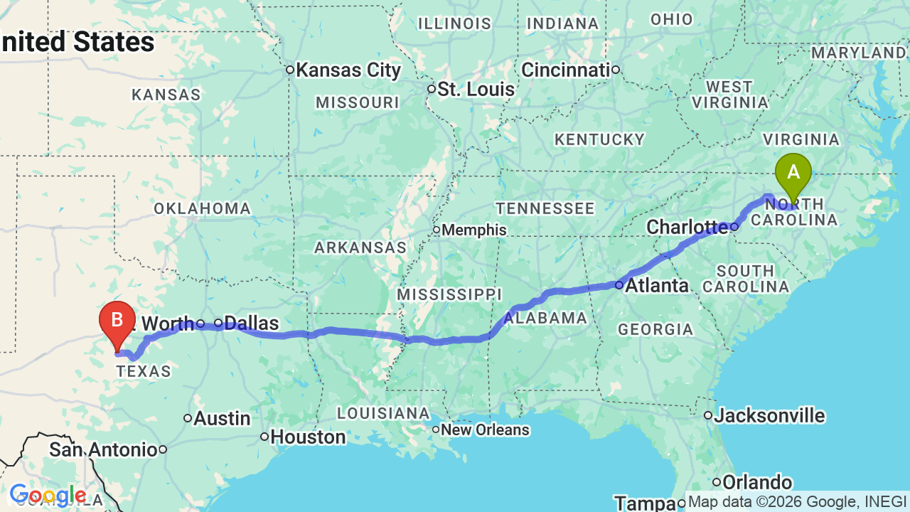 Route map: North Carolina to Texas Car Shipping: The Complete Relocation Guide