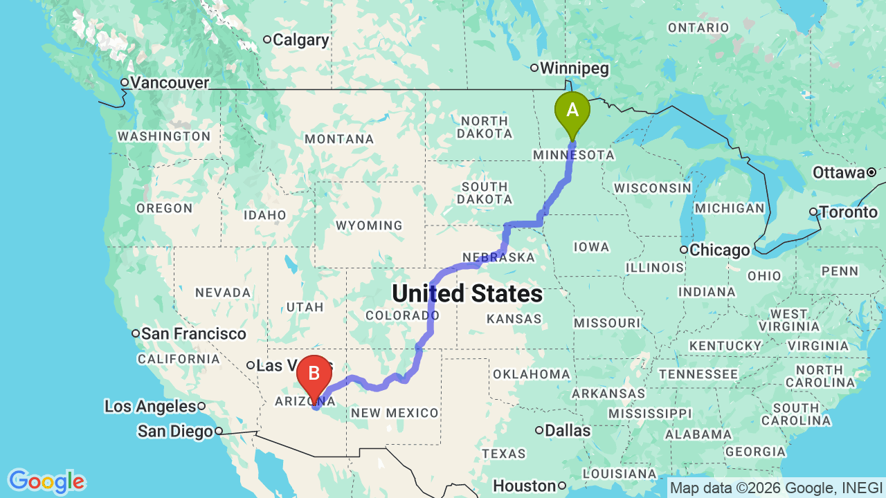 Route map: Snowbird Car Shipping from Minnesota to Arizona: Your Seasonal Guide to a Stress-Free Migration