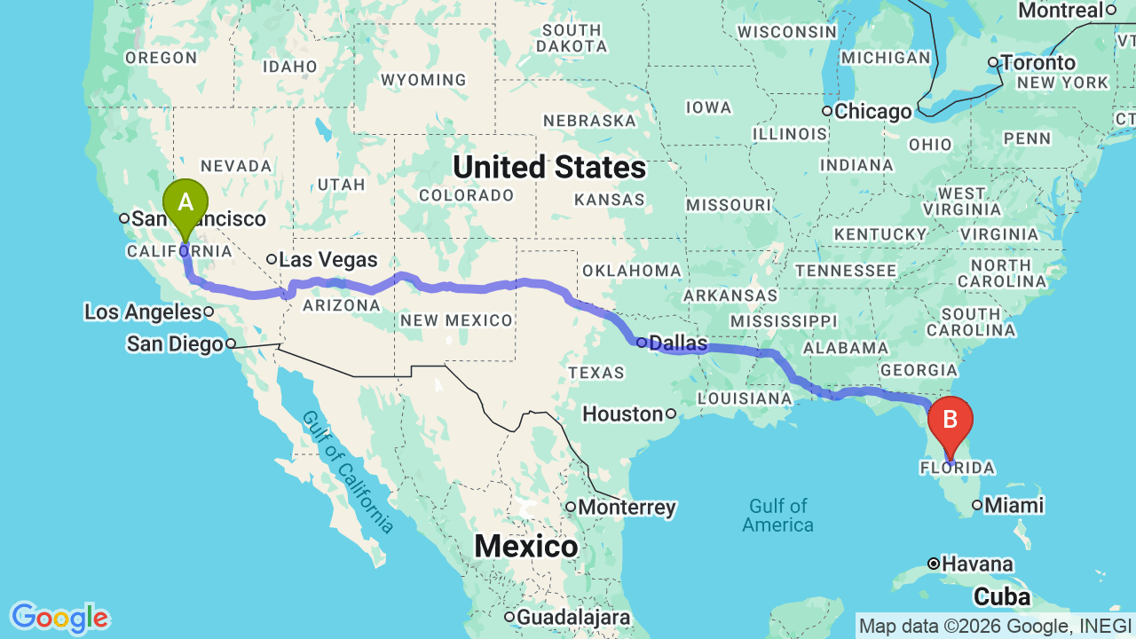 Route map: California to Florida Car Shipping: Your Complete Relocation Guide