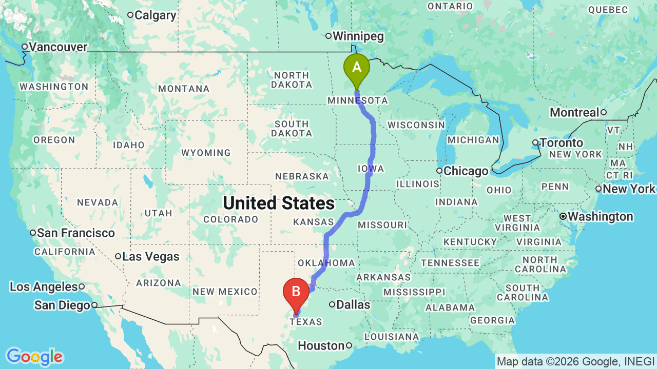 Route map: Minnesota to Texas Car Shipping: The Professional’s Relocation Guide