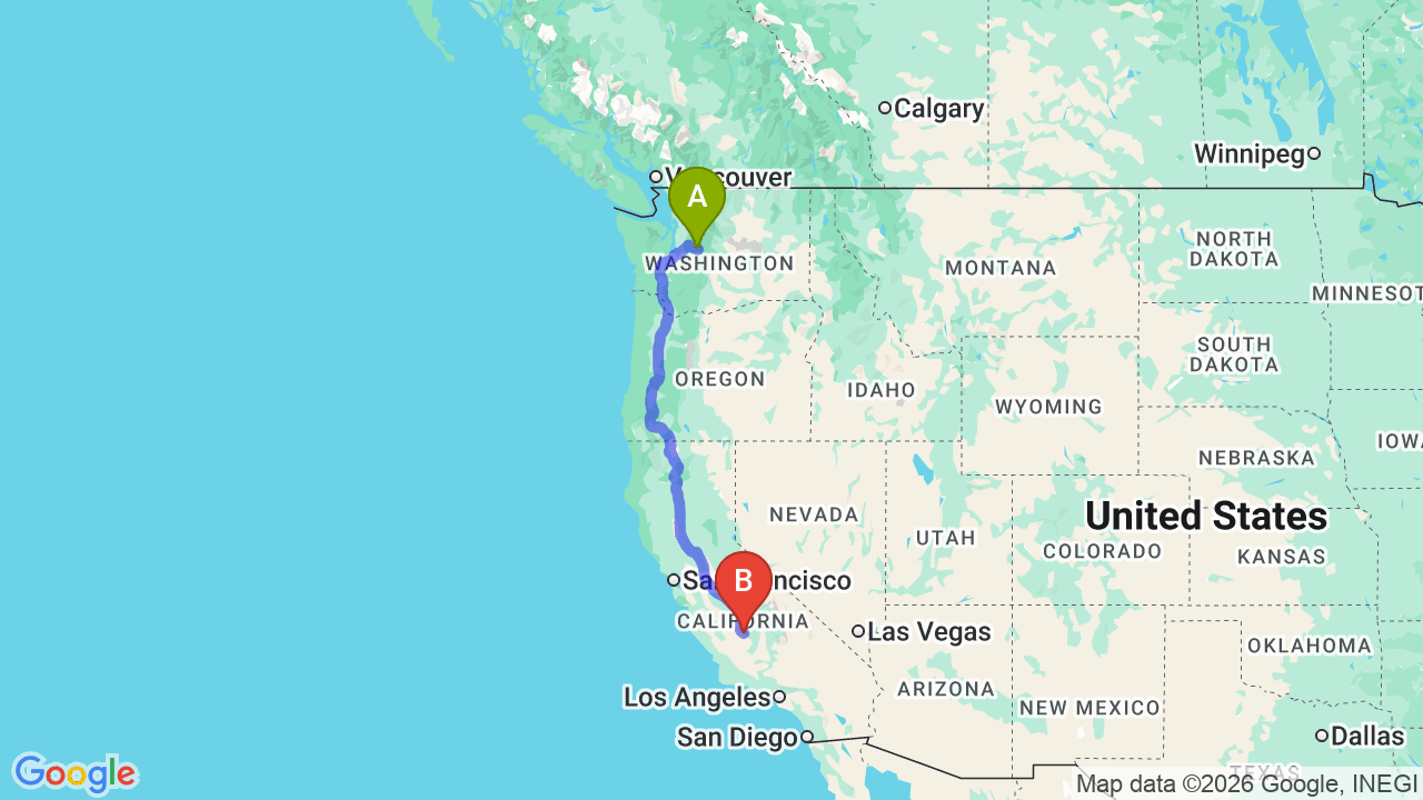 Route map: Washington to California Car Shipping | Professional Relocation Guide