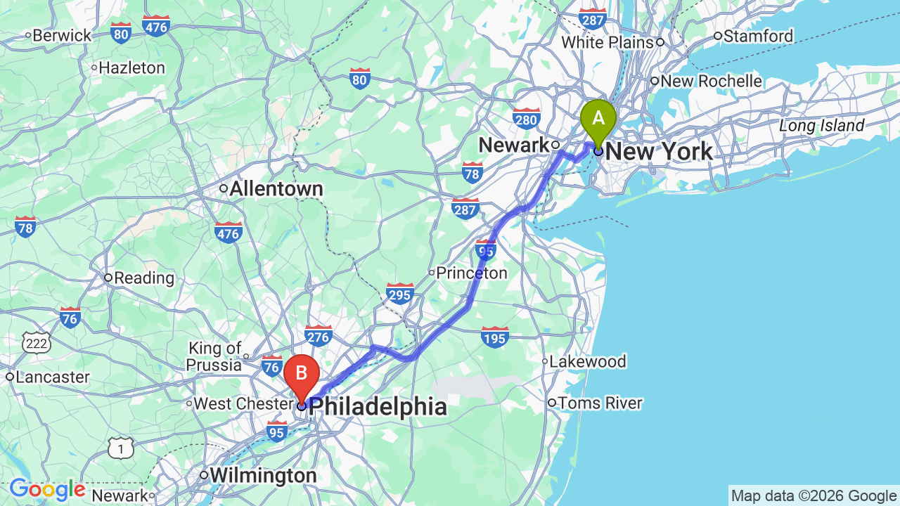 Route map: New York City to Philadelphia Car Shipping: Complete Relocation Guide