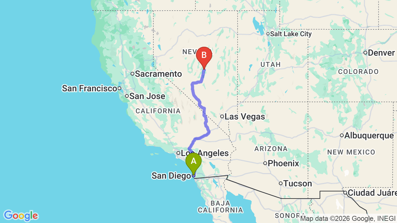 Route map: San Diego to Nevada Car Shipping: Expert Relocation Services