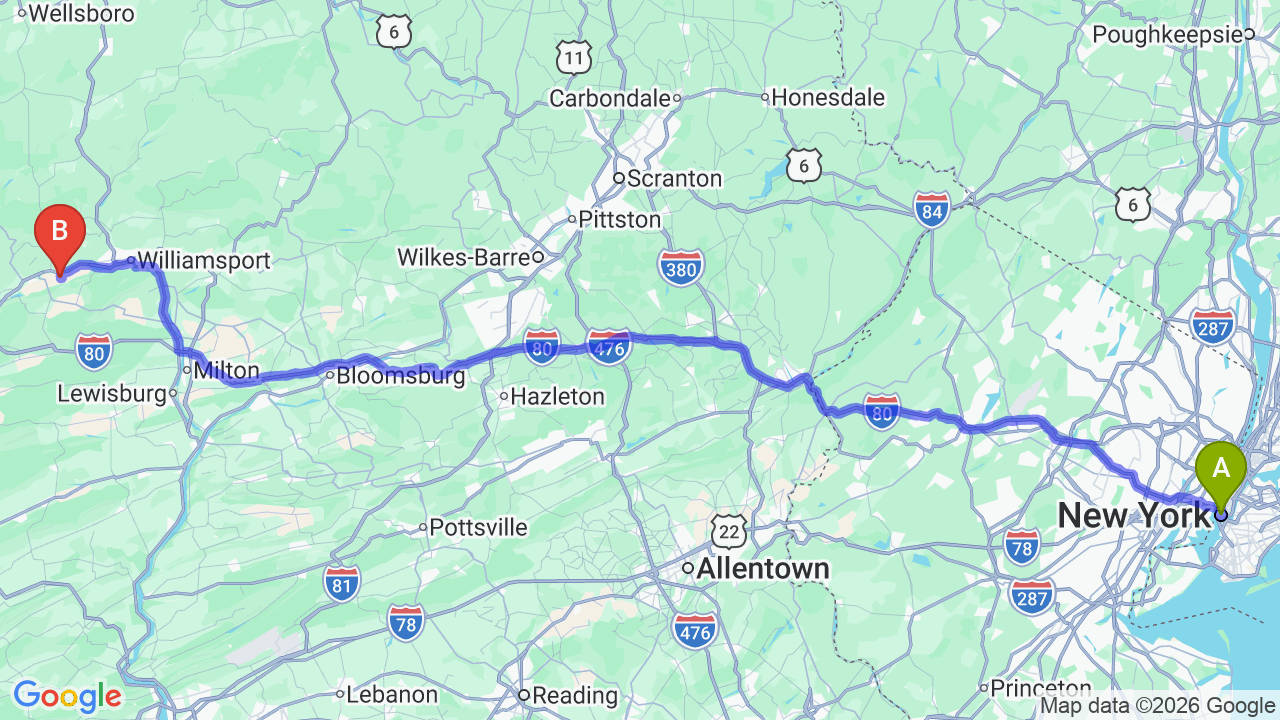 Route map: New York City to Pennsylvania Car Shipping: Professional Relocation Solutions