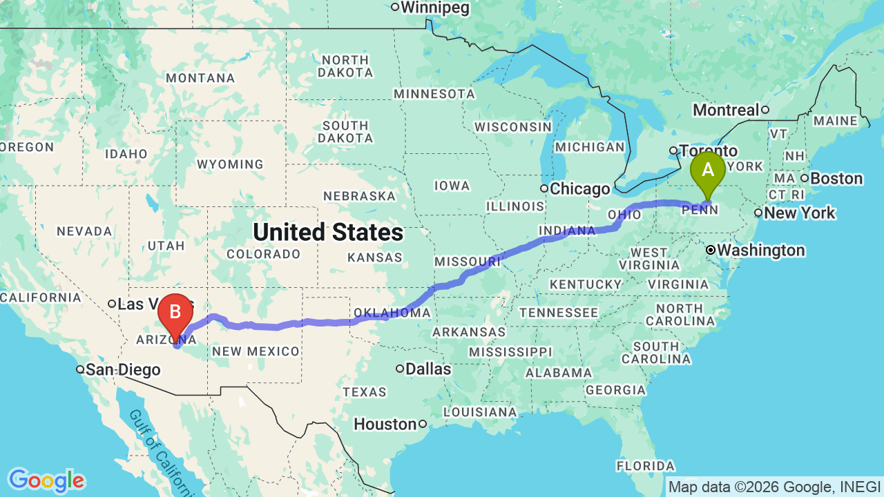 Route map: Pennsylvania to Arizona Car Shipping: The Ultimate Snowbird Guide