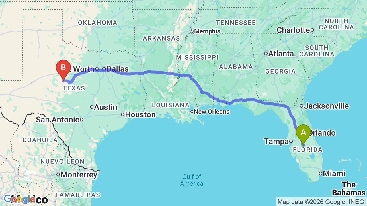Route map: Florida to Texas Car Shipping | Reliable Relocation Auto Transport