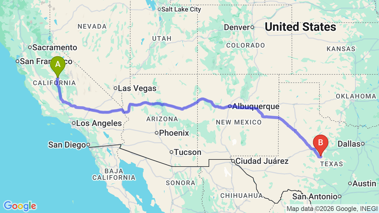 Route map: California to Texas Car Shipping